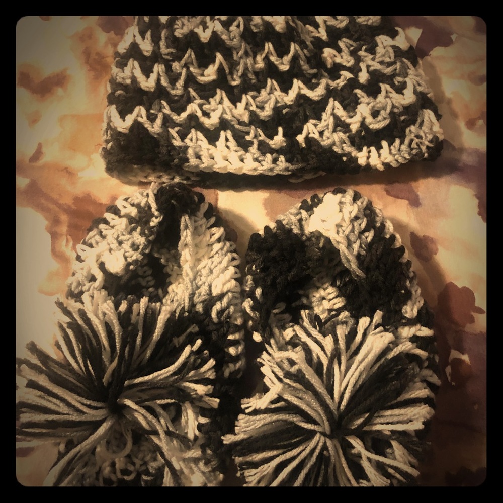 Handmade crochet black and white footies and hat